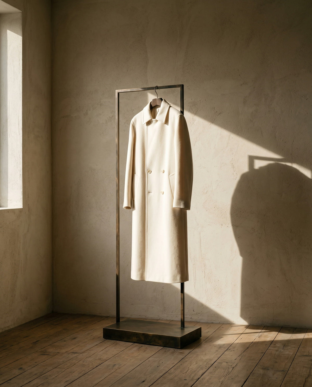 Woman's long ivory wool coat on a sculptural stand in a bare sunlit room