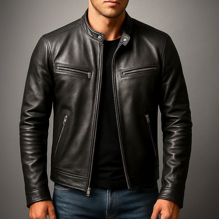 Men's Zip-Up Biker Jacket with Stand Collar - Emmett - Black