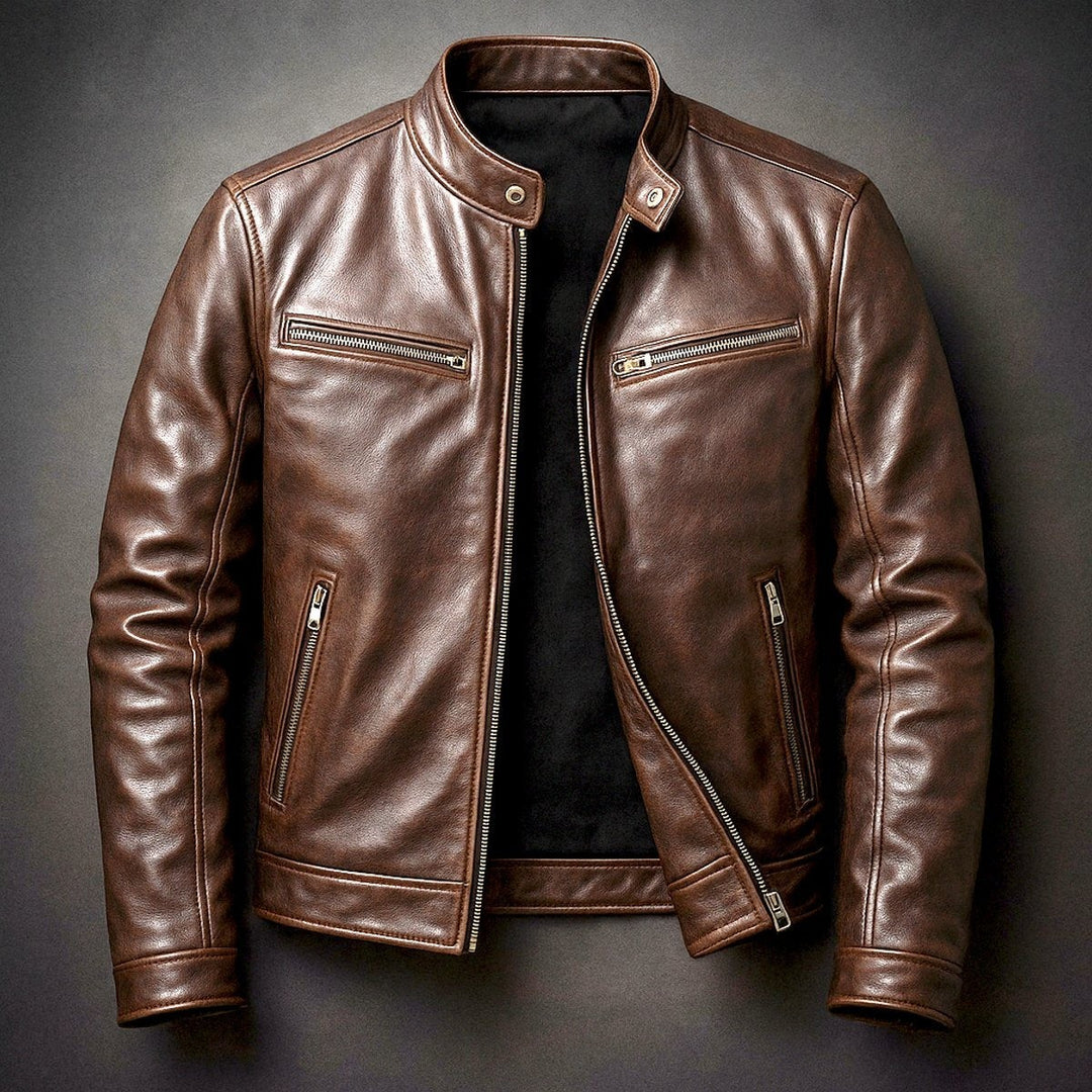 Men's Zip-Up Biker Jacket with Stand Collar - Emmett - Brown