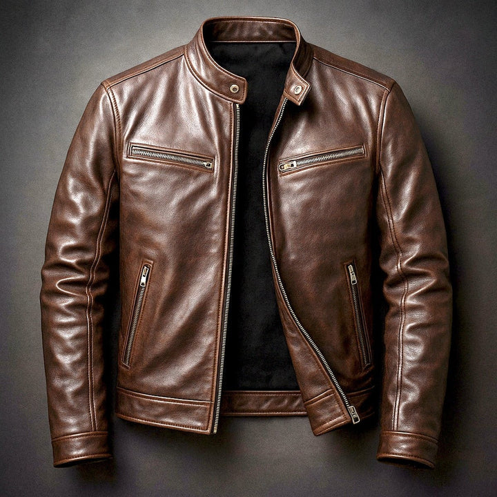 Men's Zip-Up Biker Jacket with Stand Collar - Emmett - Brown