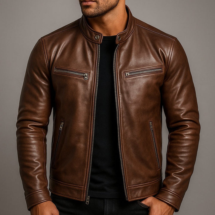 Men's Zip-Up Biker Jacket with Stand Collar - Emmett - Brown