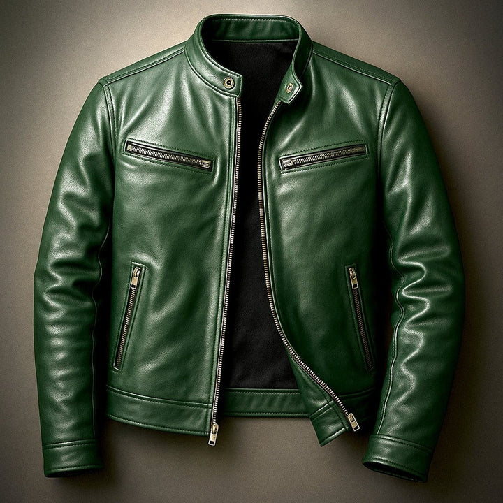 Men's Zip-Up Biker Jacket with Stand Collar - Emmett - Forest Green