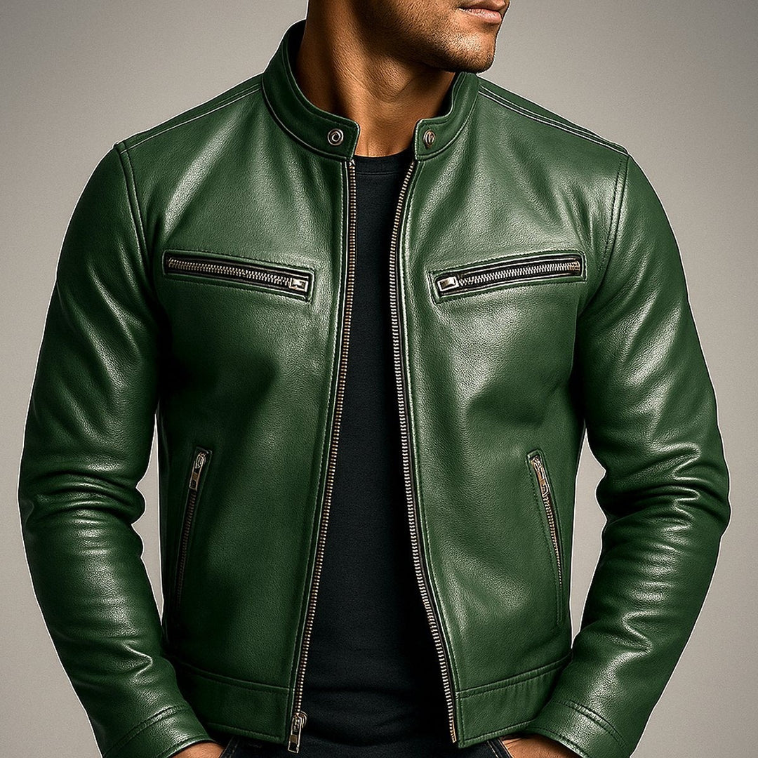 Men's Zip-Up Biker Jacket with Stand Collar - Emmett - Forest Green