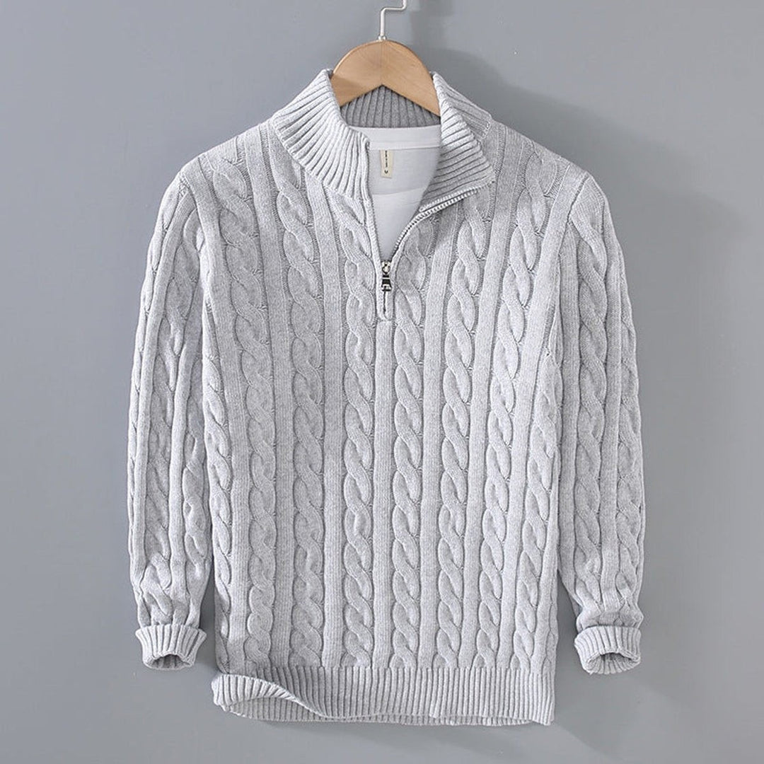 Men's Cable Knit Half Zip Sweater - Rowan - Light Gray