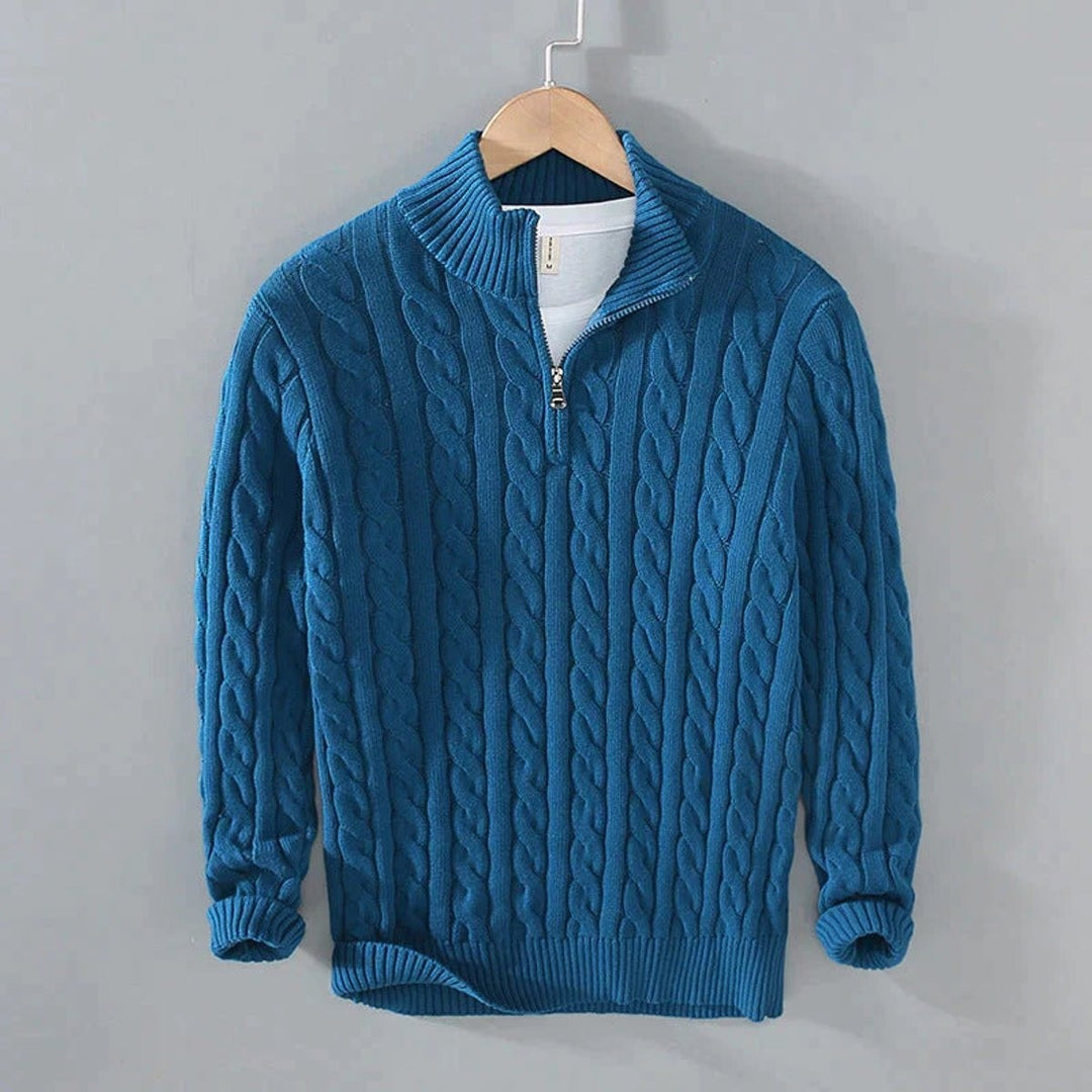 Men's Cable Knit Half Zip Sweater - Rowan - Teal Blue