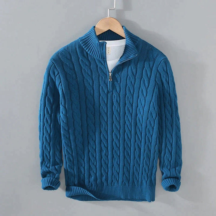 Men's Cable Knit Half Zip Sweater - Rowan - Teal Blue