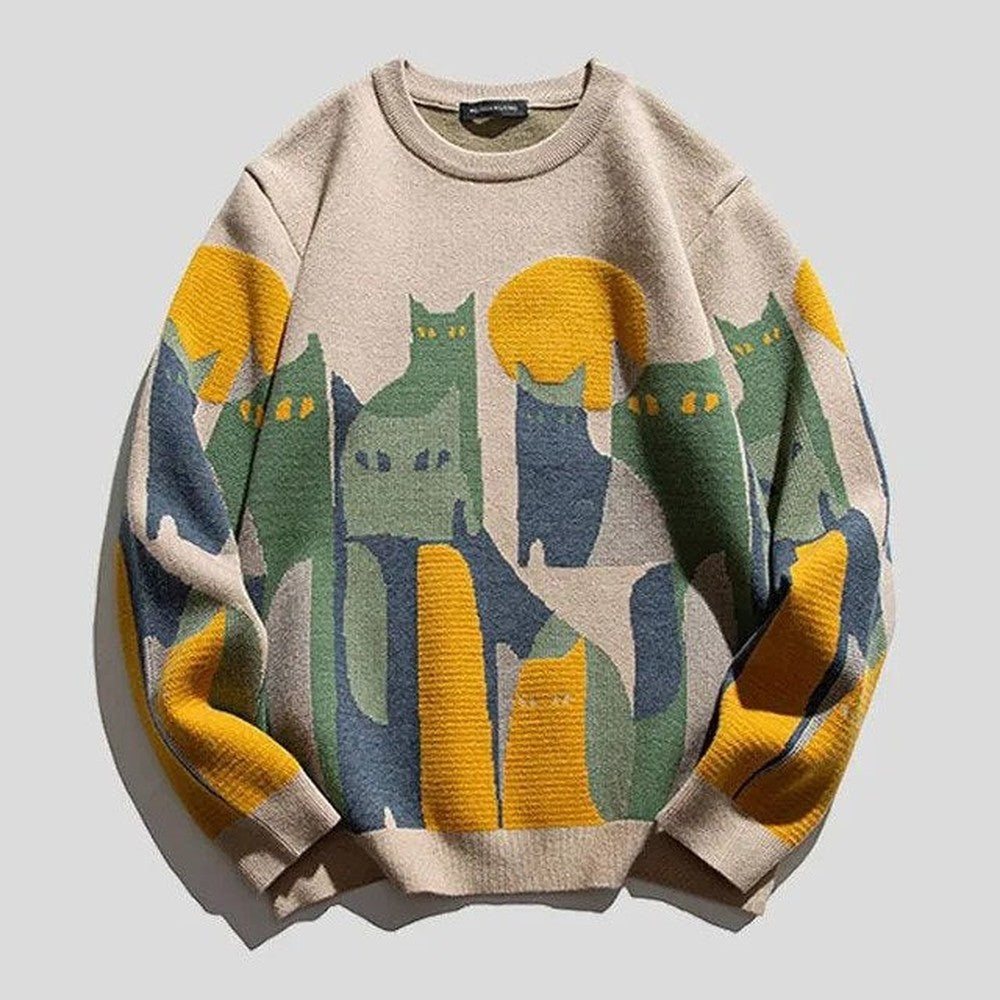 Men's Cat Pattern Crew Neck Sweater - Elliot - Beige