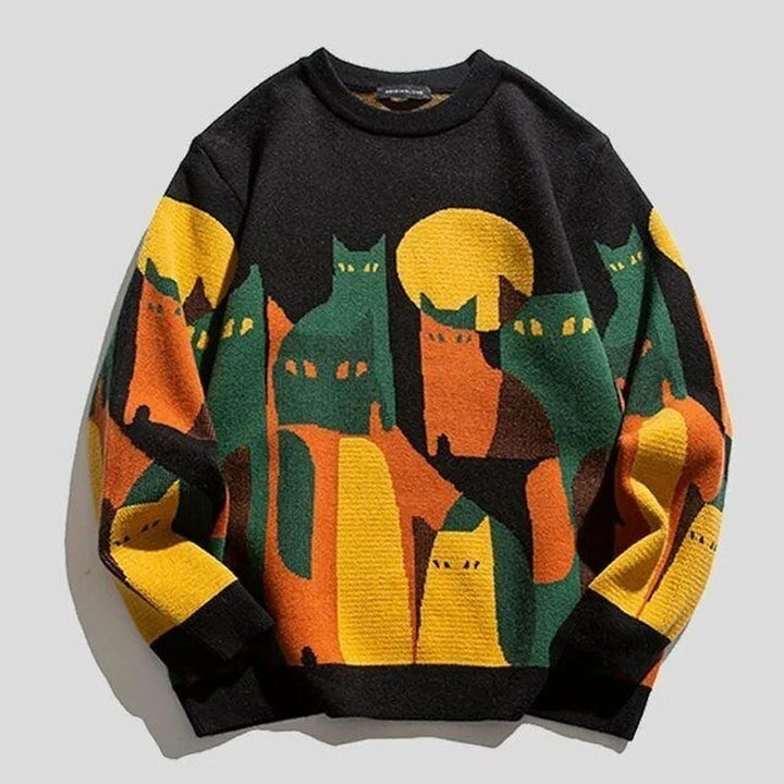Men's Cat Pattern Crew Neck Sweater - Elliot - Black