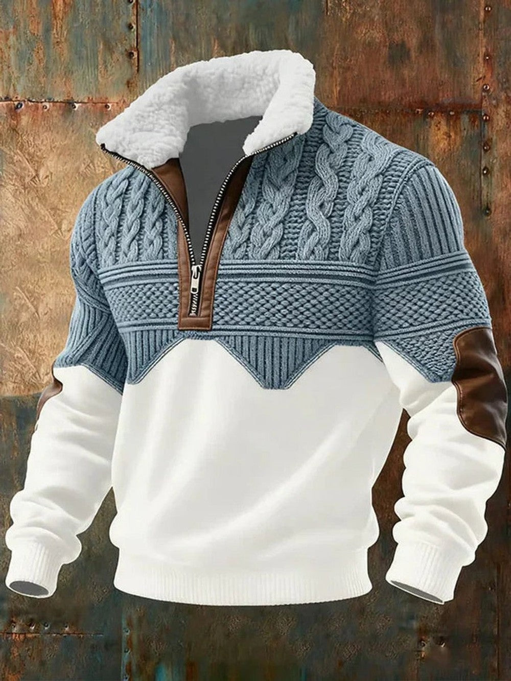 Men's Colorblock Half Zip Sweater with Fleece Collar - Theo - Blue Cream