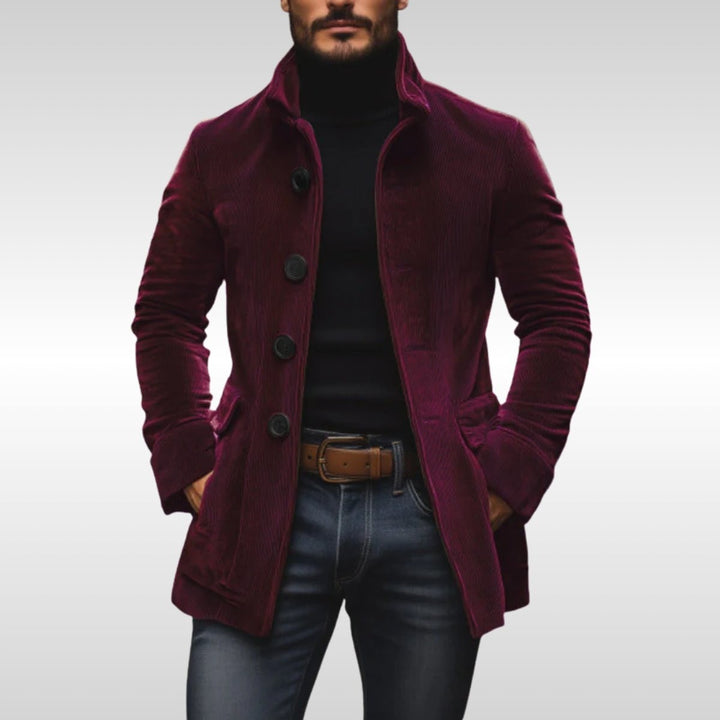 Men's Corduroy Coat with Stand Collar - Knox - Wine