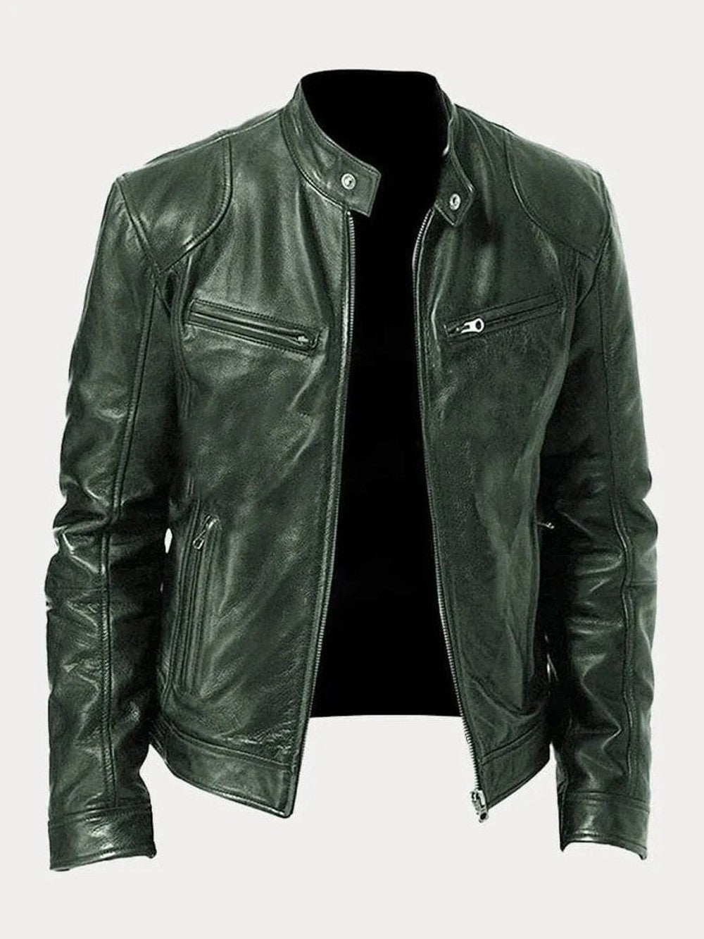 Men's Faux Leather Biker Jacket with Stand Collar - Cyrus - Army Green