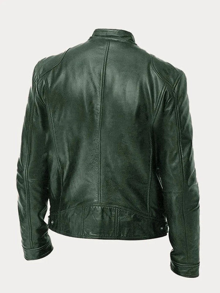 Men's Faux Leather Biker Jacket with Stand Collar - Cyrus - Army Green