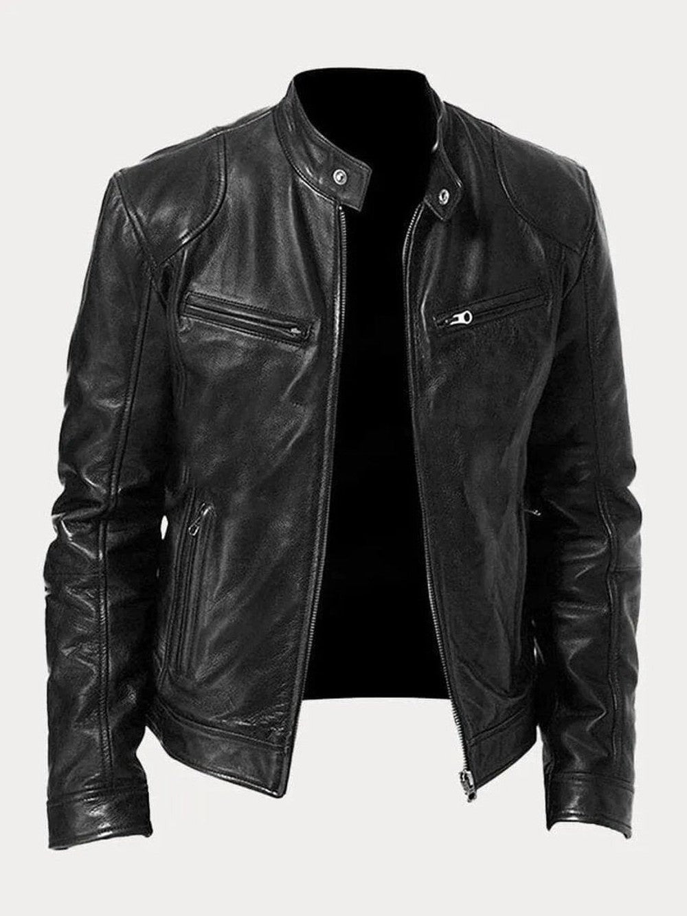 Men's Faux Leather Biker Jacket with Stand Collar - Cyrus - Black