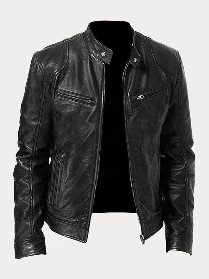 Men's Faux Leather Biker Jacket with Stand Collar - Cyrus - Black