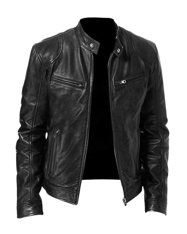 Men's Faux Leather Biker Jacket with Stand Collar - Cyrus - Black