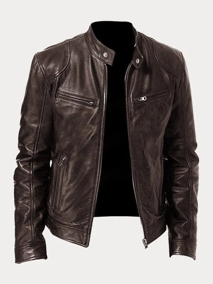 Men's Faux Leather Biker Jacket with Stand Collar - Cyrus - Brown