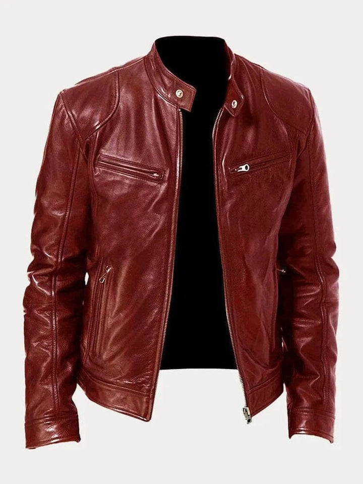 Men's Faux Leather Biker Jacket with Stand Collar - Cyrus - Burgundy