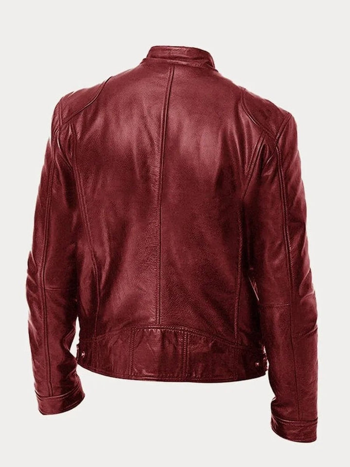 Men's Faux Leather Biker Jacket with Stand Collar - Cyrus - Burgundy