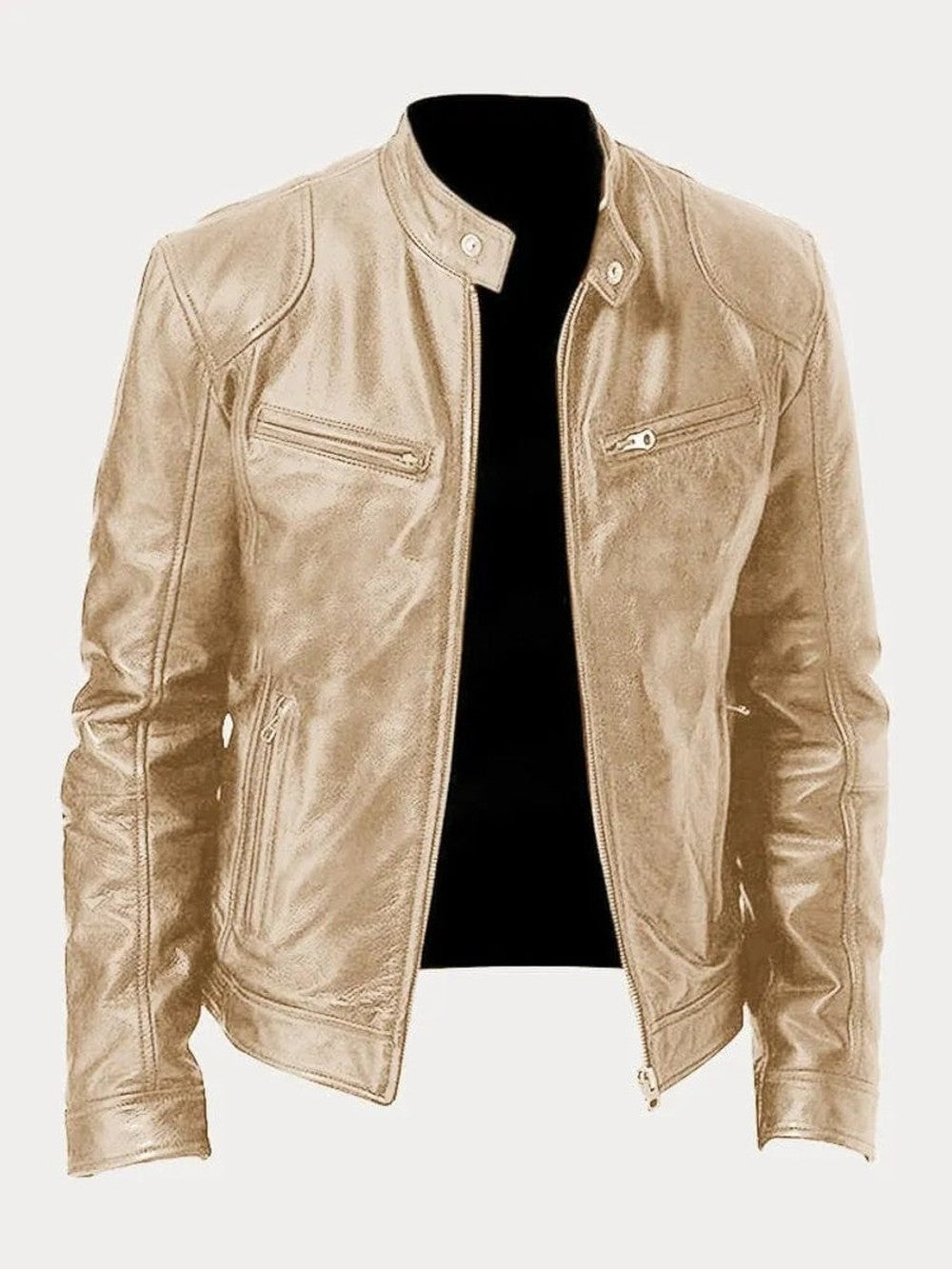 Men's Faux Leather Biker Jacket with Stand Collar - Cyrus - Camel