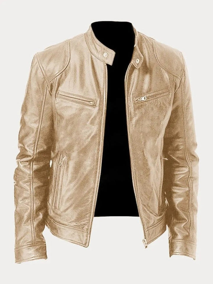 Men's Faux Leather Biker Jacket with Stand Collar - Cyrus - Camel