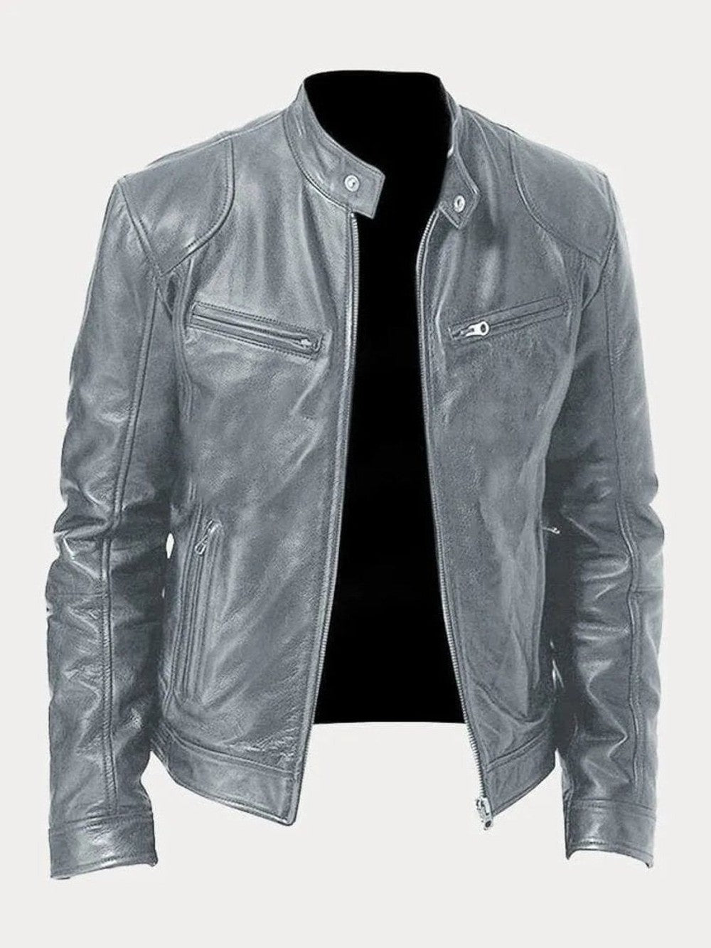 Men's Faux Leather Biker Jacket with Stand Collar - Cyrus - Gray