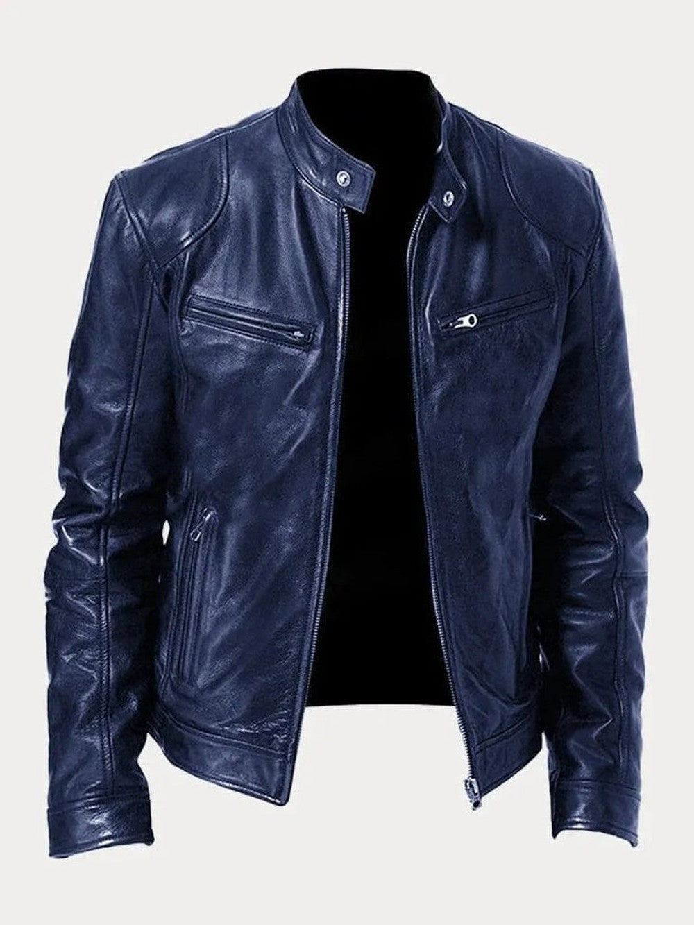 Men's Faux Leather Biker Jacket with Stand Collar - Cyrus - Navy