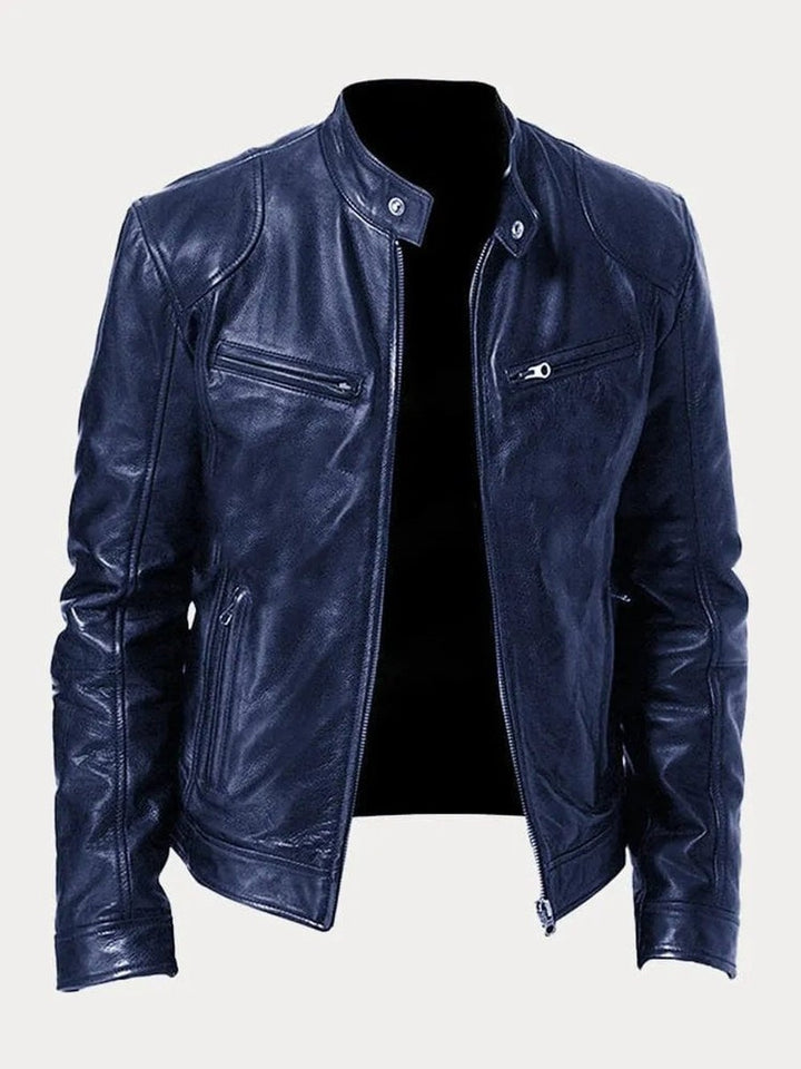 Men's Faux Leather Biker Jacket with Stand Collar - Cyrus - Navy
