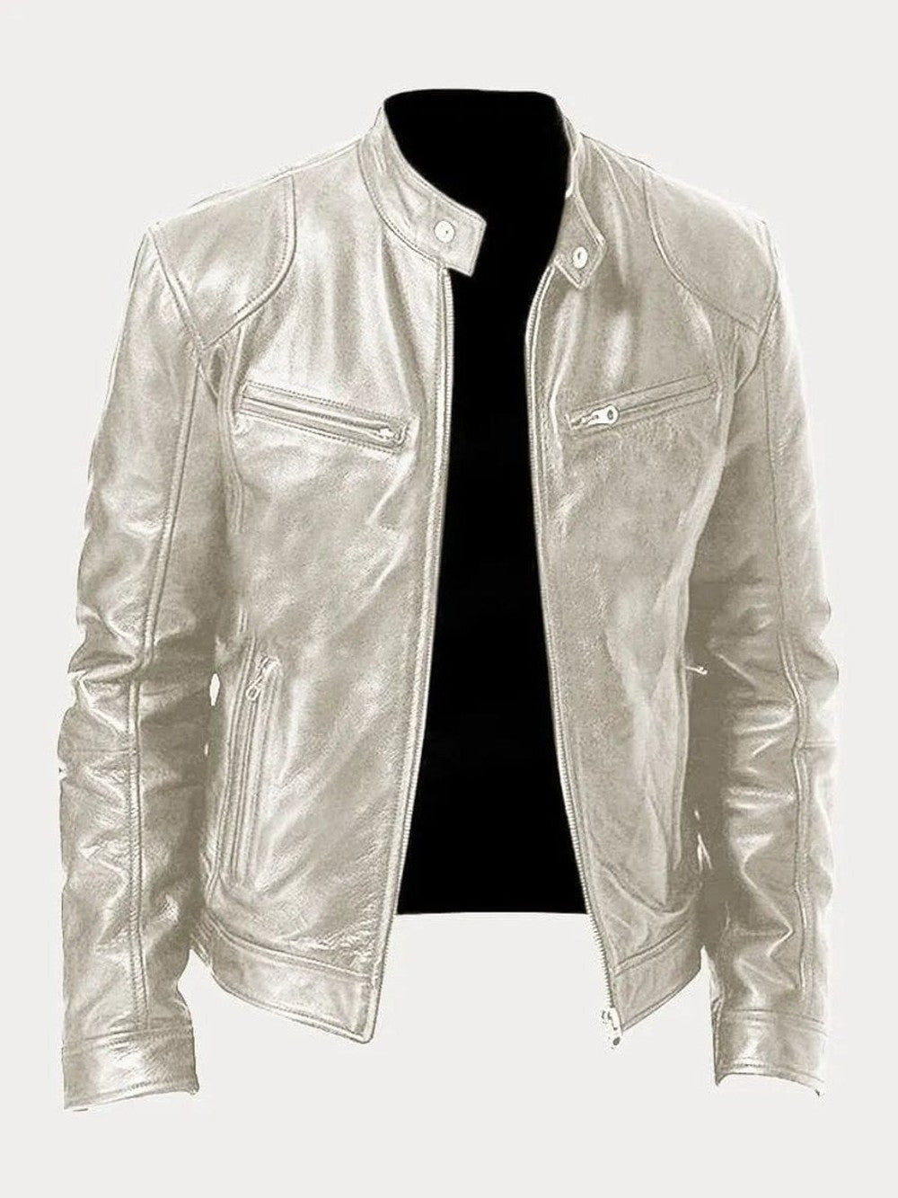 Men's Faux Leather Biker Jacket with Stand Collar - Cyrus - Silver