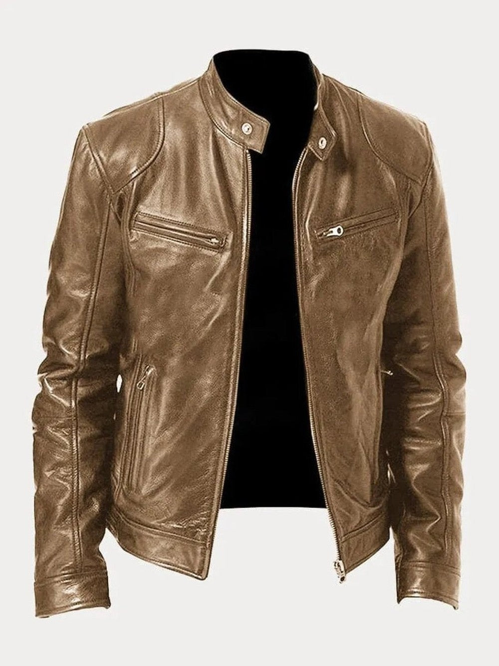 Men's Faux Leather Biker Jacket with Stand Collar - Cyrus - Tan