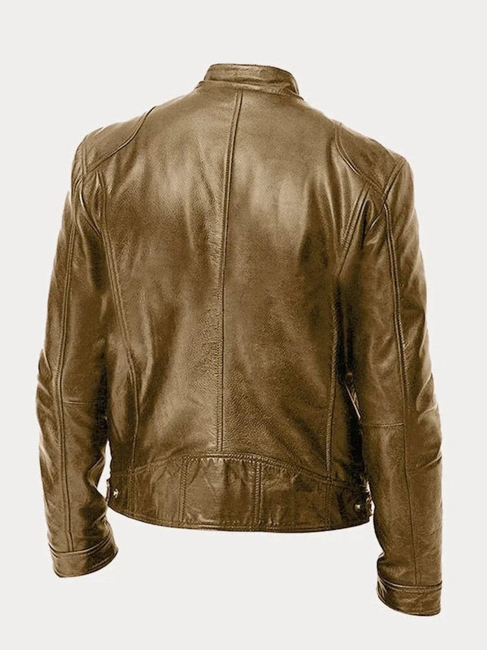 Men's Faux Leather Biker Jacket with Stand Collar - Cyrus - Tan