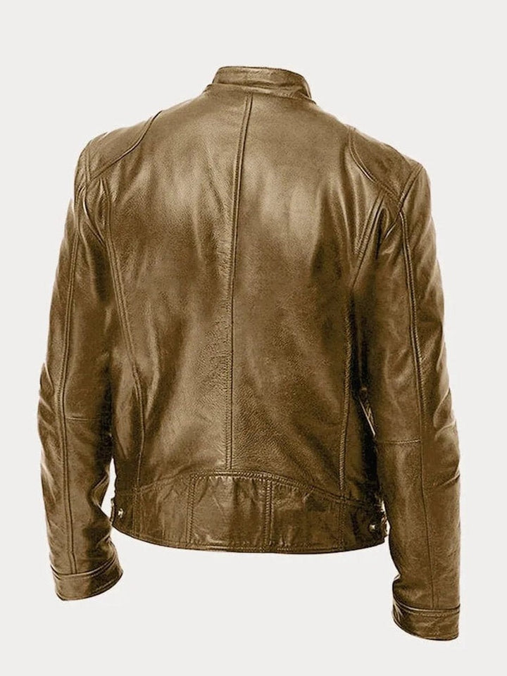Men's Faux Leather Biker Jacket with Stand Collar - Cyrus - Tan