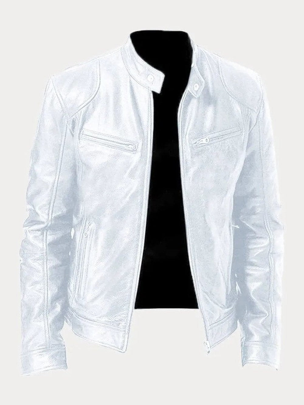 Men's Faux Leather Biker Jacket with Stand Collar - Cyrus - White