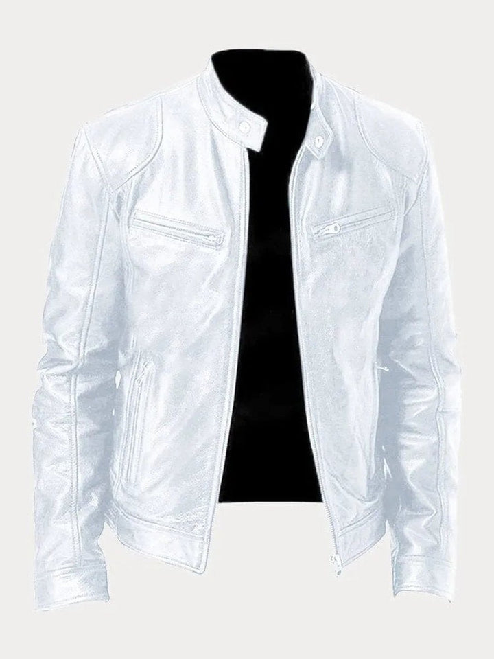 Men's Faux Leather Biker Jacket with Stand Collar - Cyrus - White