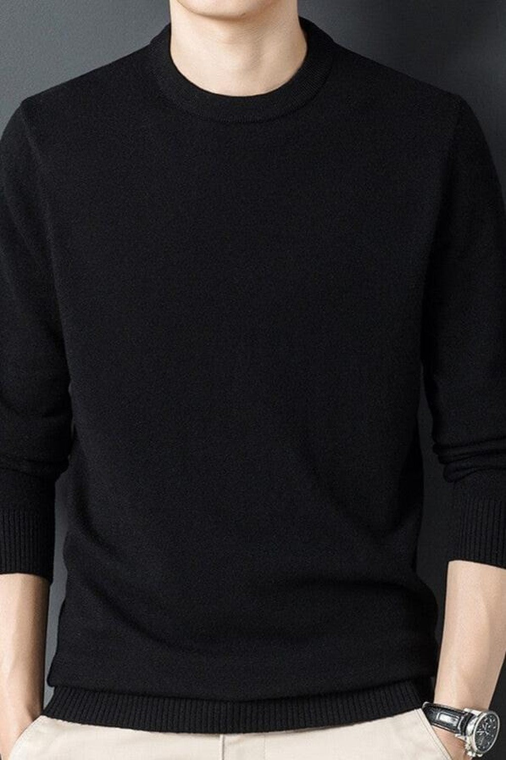 Men's Fine Knit Crew Neck Sweater - Kai - Black