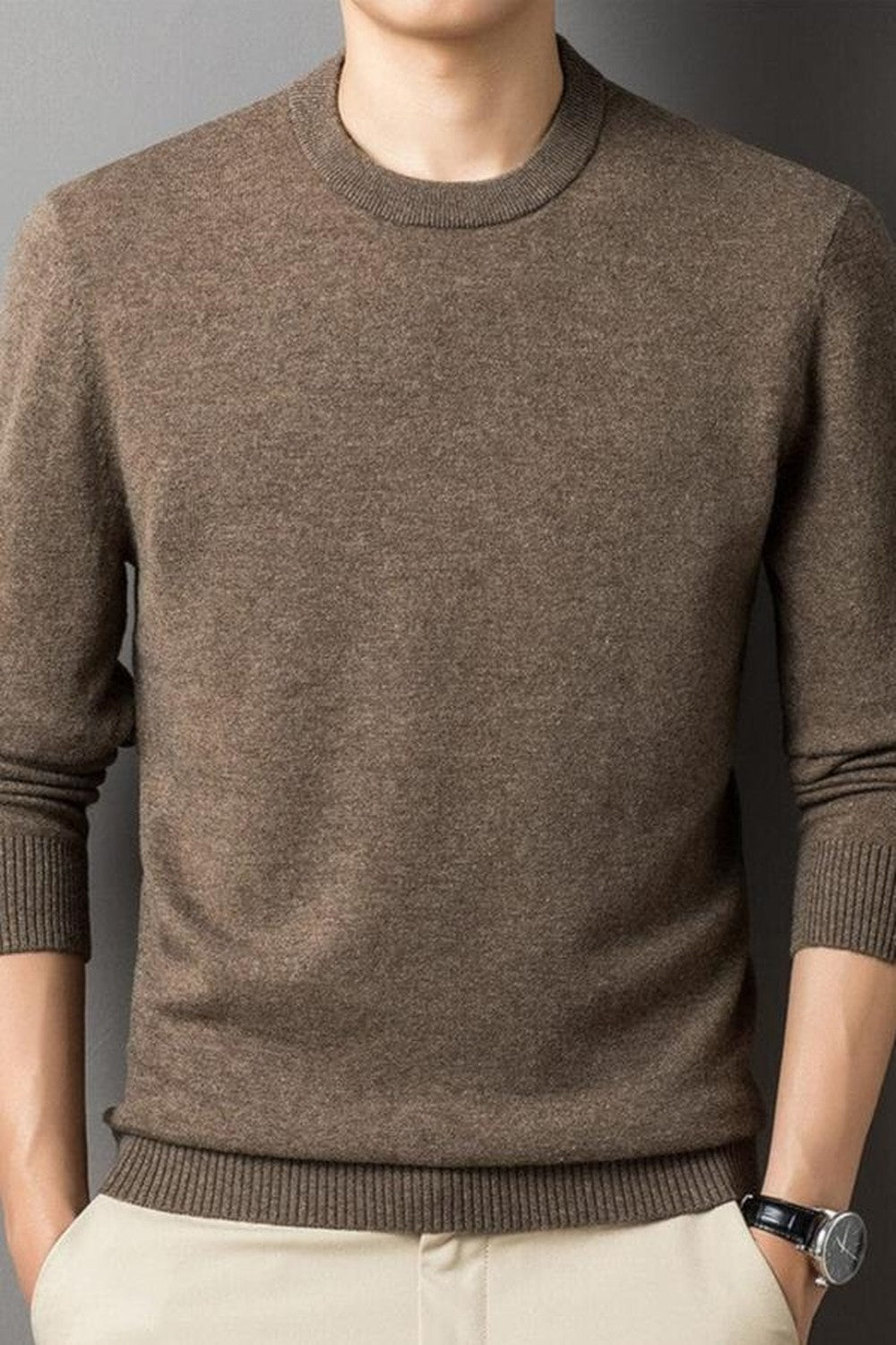 Men's Fine Knit Crew Neck Sweater - Kai - Brown