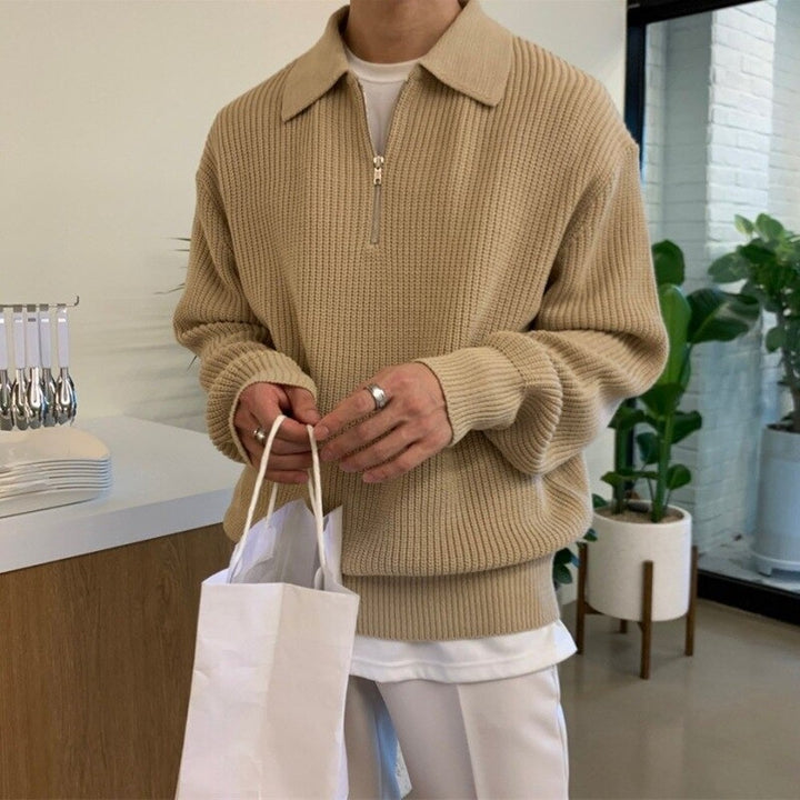 Men's Half Zip Sweater with Polo Collar - Gus - Camel