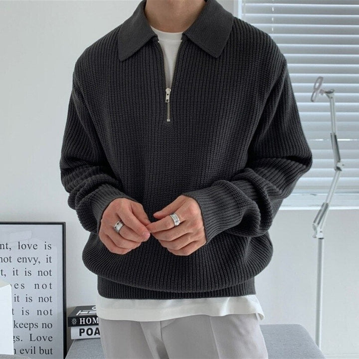 Men's Half Zip Sweater with Polo Collar - Gus - Charcoal