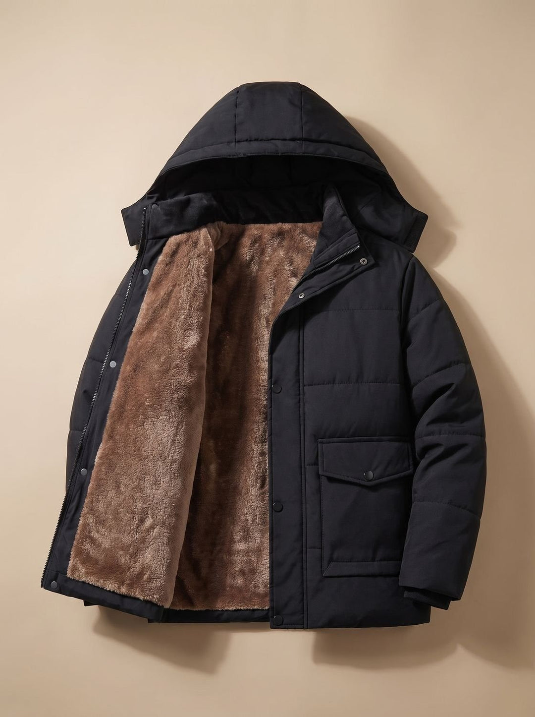 Men's Hooded Puffer Jacket with Plush Lining - Lionel - Black