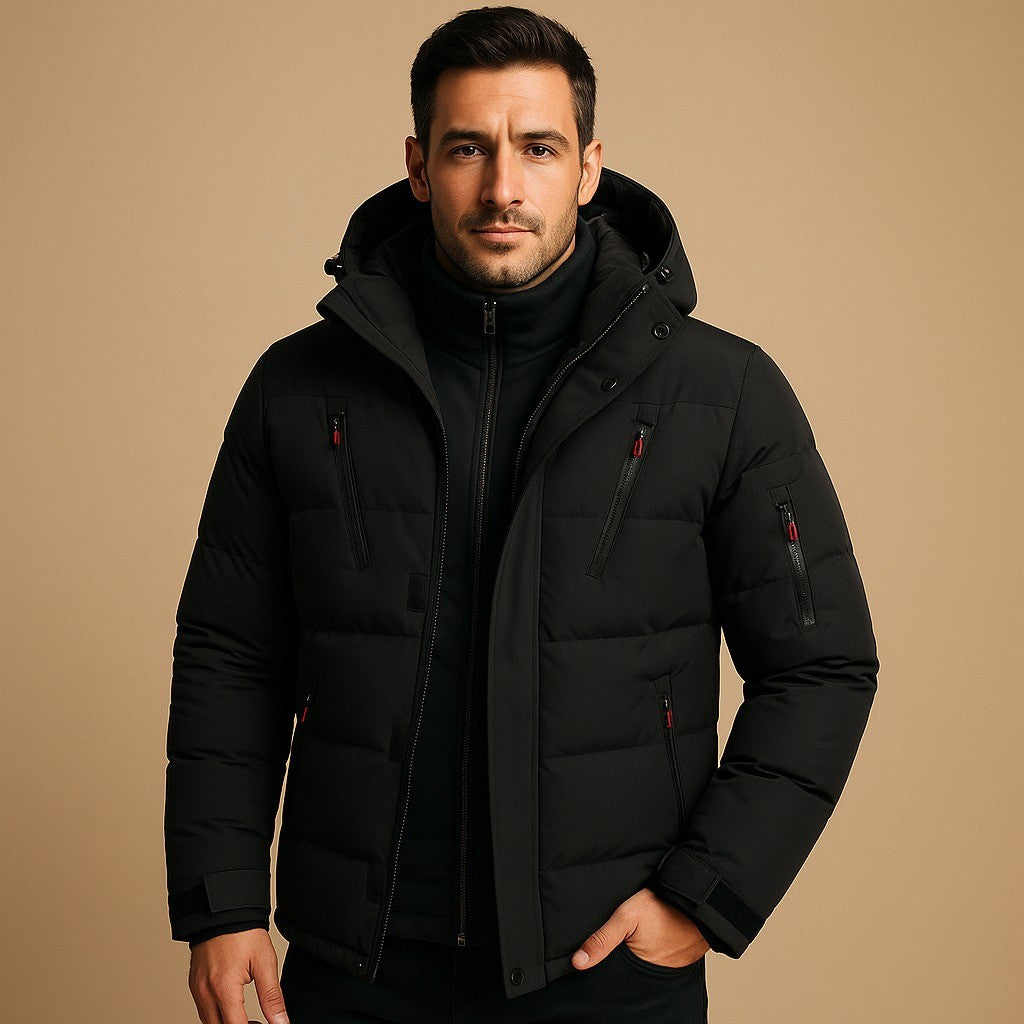 Men's Hooded Puffer Jacket with Zip Pockets - Gideon - Black