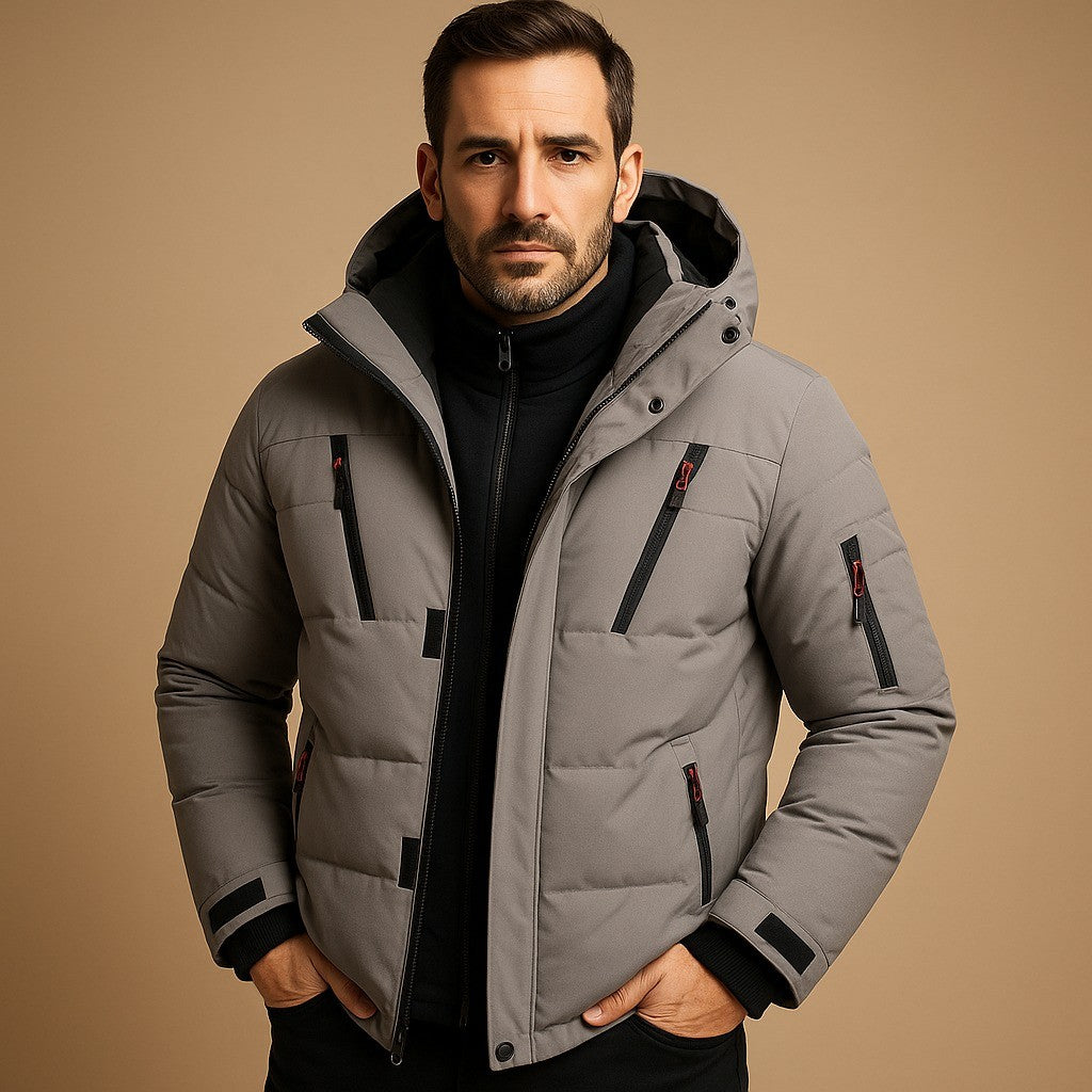 Men's Hooded Puffer Jacket with Zip Pockets - Gideon - Gray