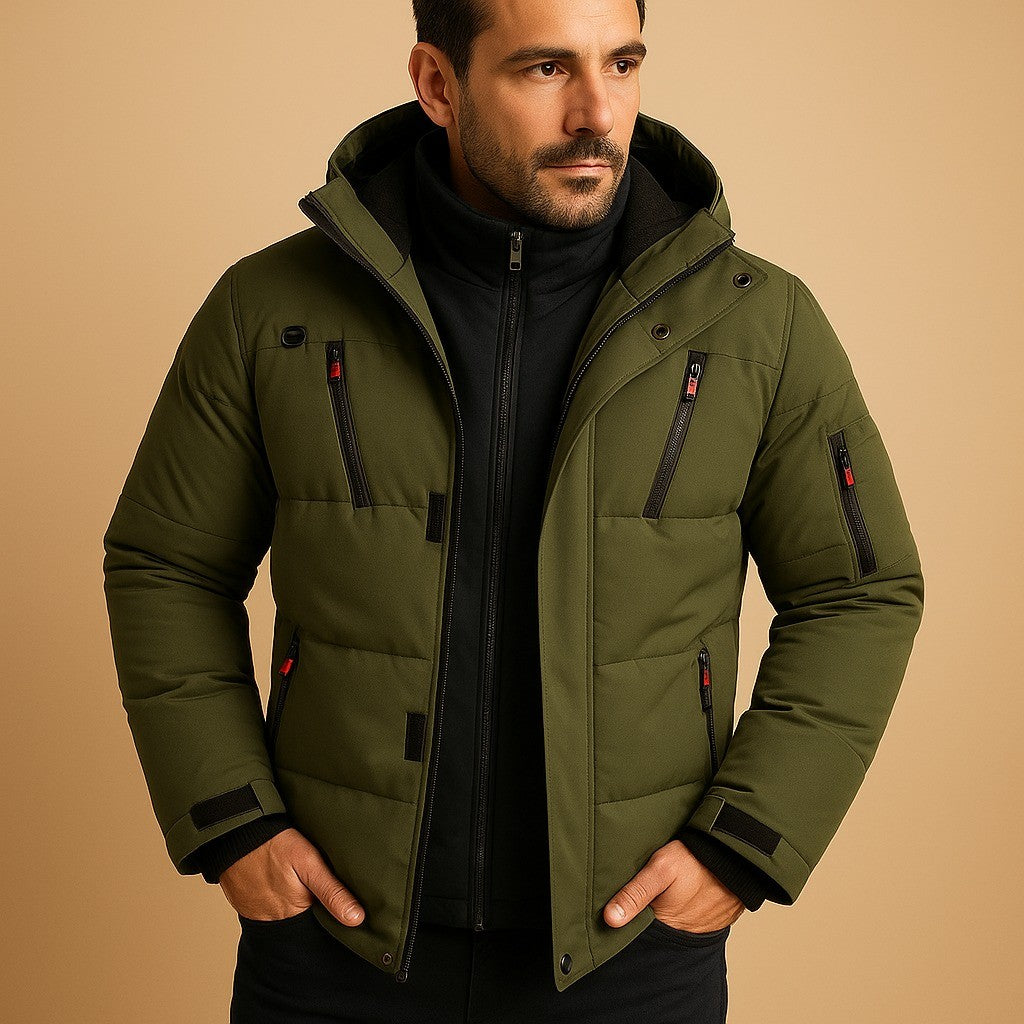 Men's Hooded Puffer Jacket with Zip Pockets - Gideon - Olive