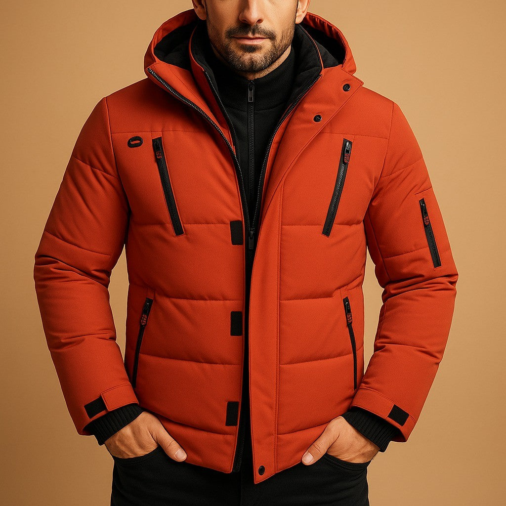 Men's Hooded Puffer Jacket with Zip Pockets - Gideon - Orange