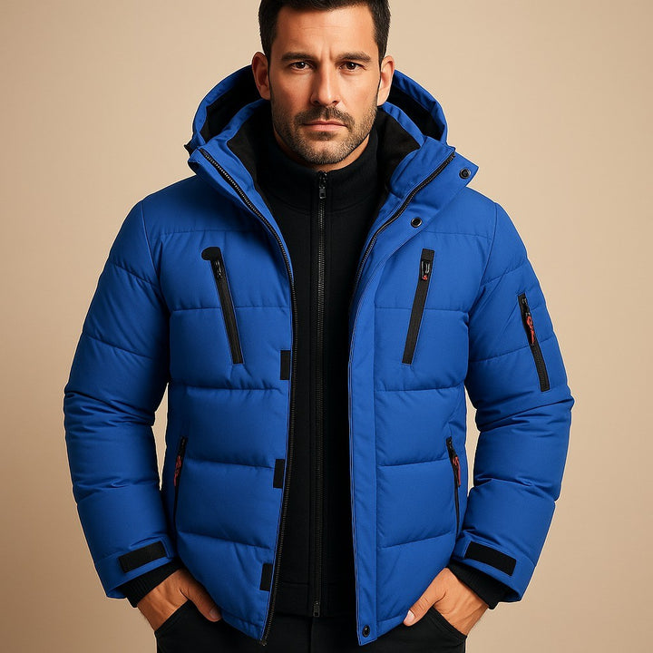 Men's Hooded Puffer Jacket with Zip Pockets - Gideon - Royal Blue