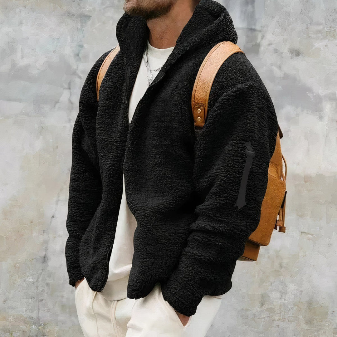 Men's Hooded Teddy Fleece Jacket with Zip Front - Grant - Black
