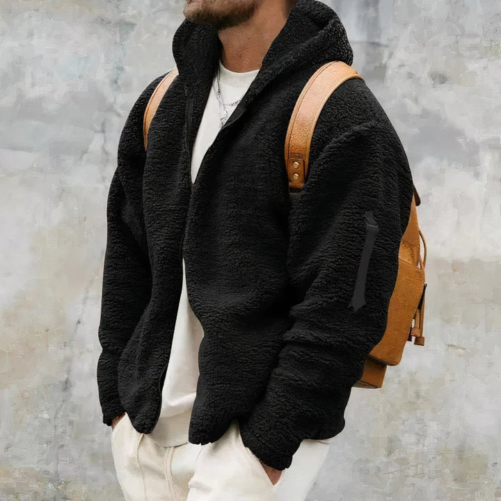 Men's Hooded Teddy Fleece Jacket with Zip Front - Grant - Black