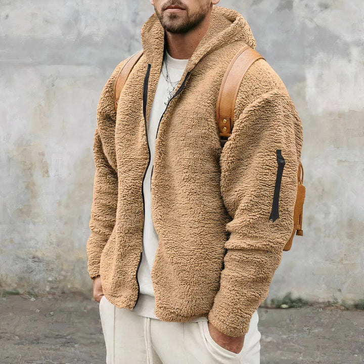 Men's Hooded Teddy Fleece Jacket with Zip Front - Grant - Camel