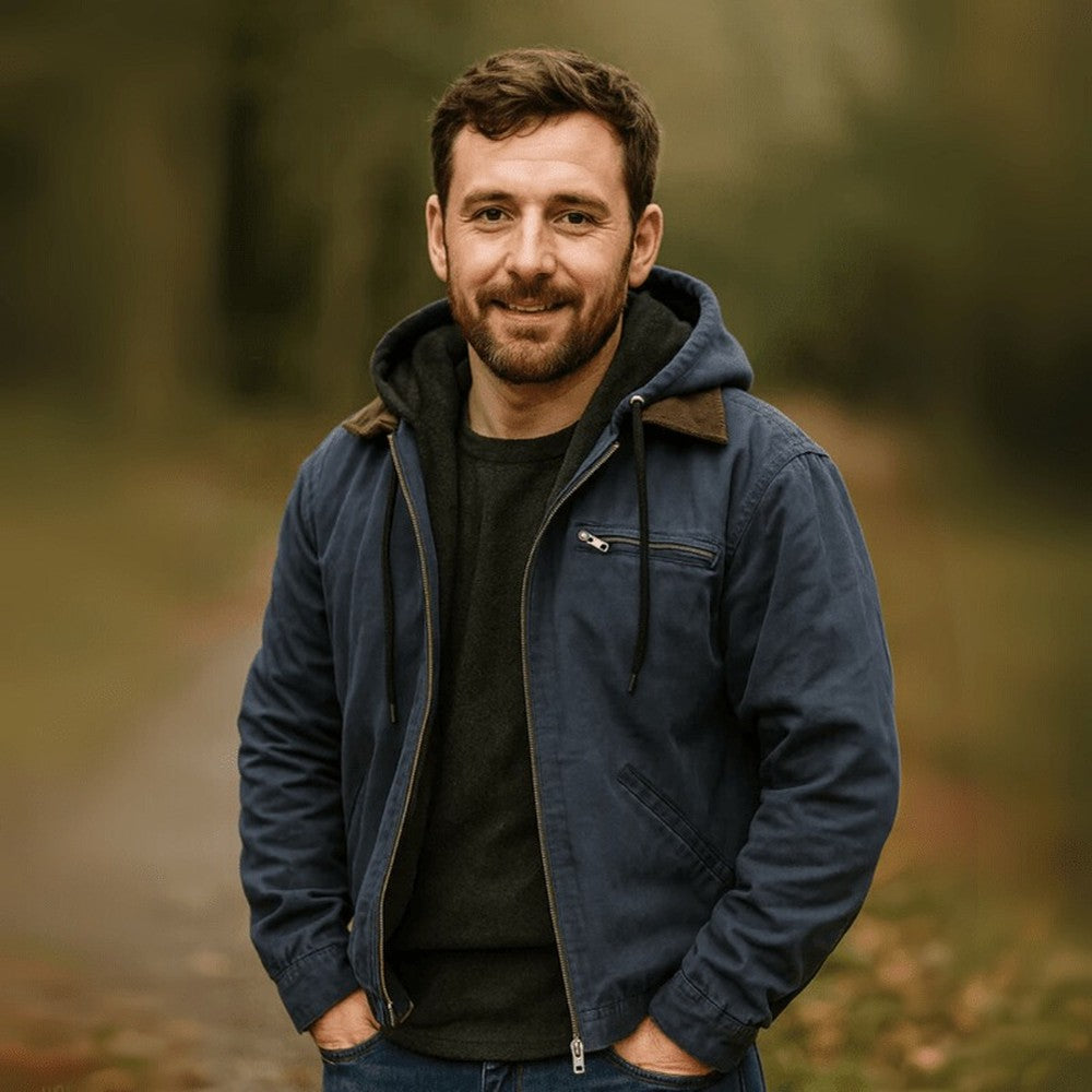 Men's Hooded Work Jacket with Fleece Lining - Ezra - Blue