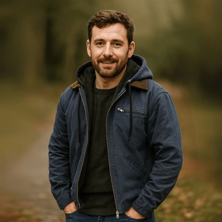 Men's Hooded Work Jacket with Fleece Lining - Ezra - Blue