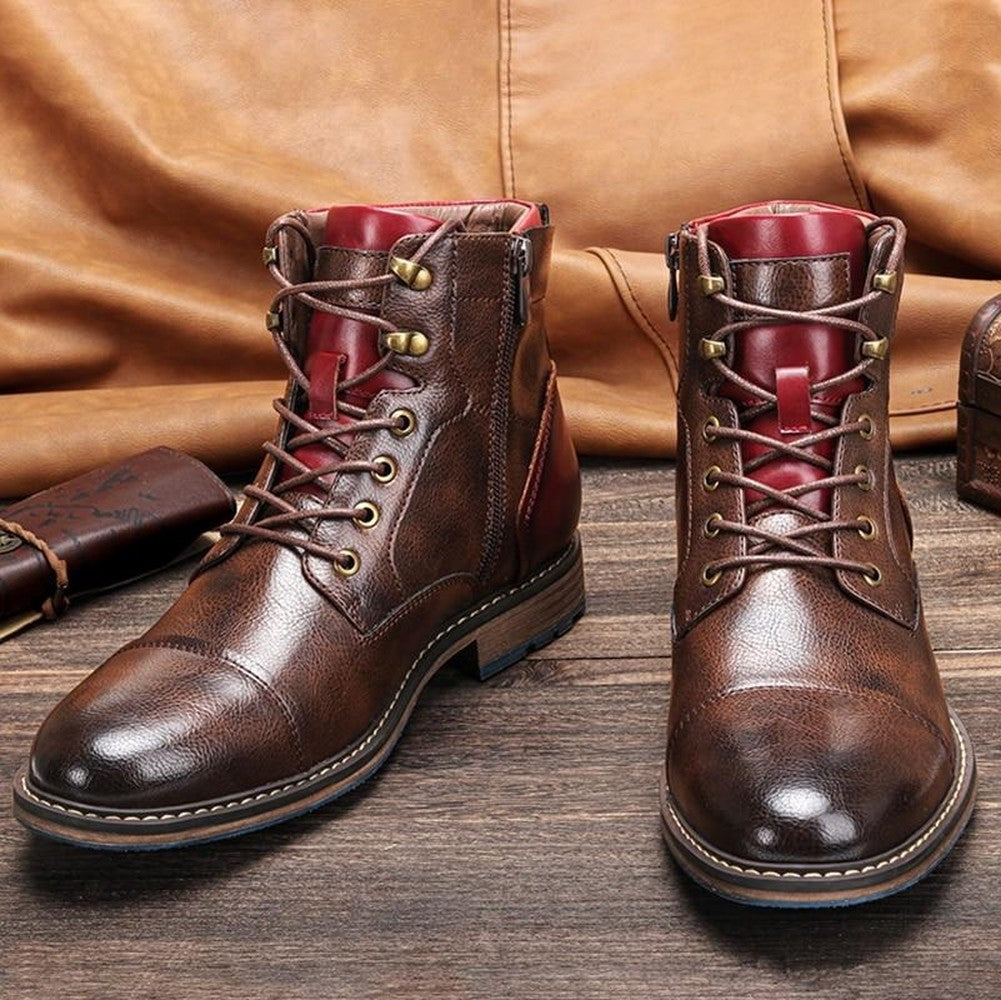 Men's Lace Up Ankle Boots with Side Zip - Jonah - Brown