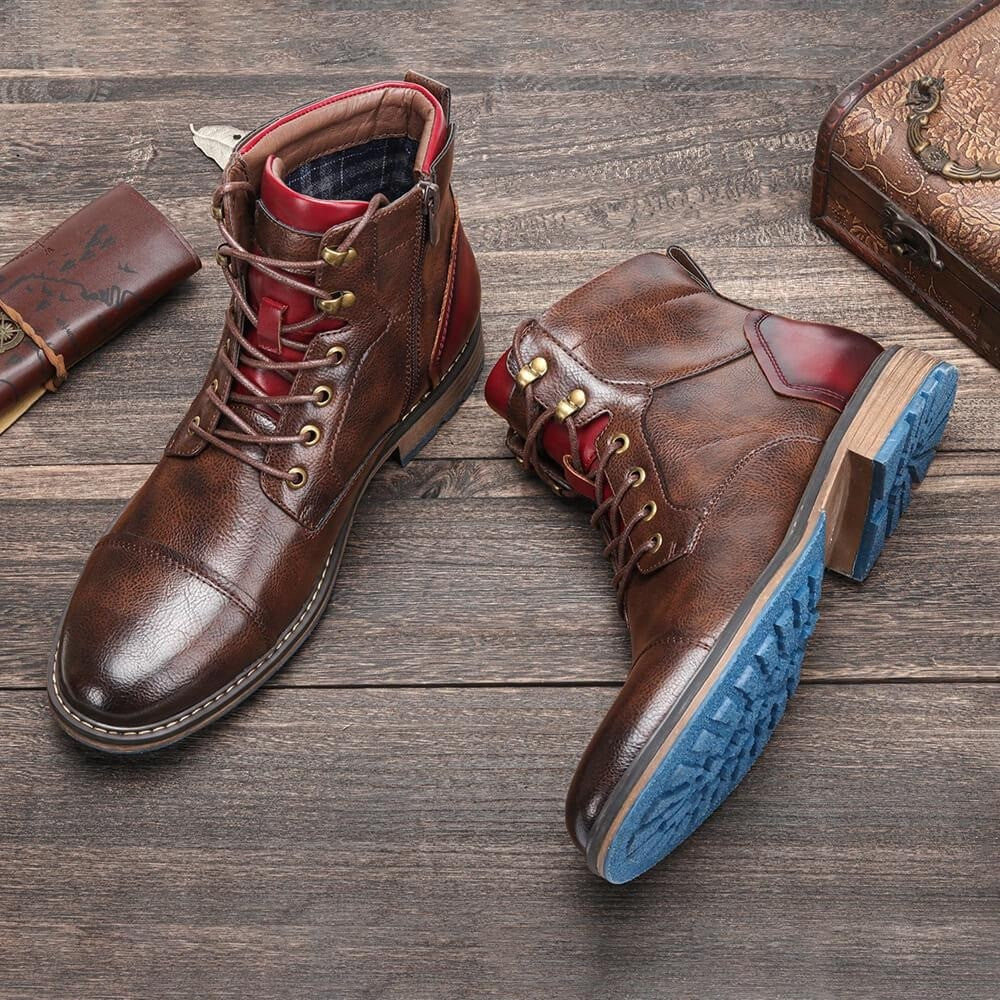 Men's Lace Up Ankle Boots with Side Zip - Jonah - Brown
